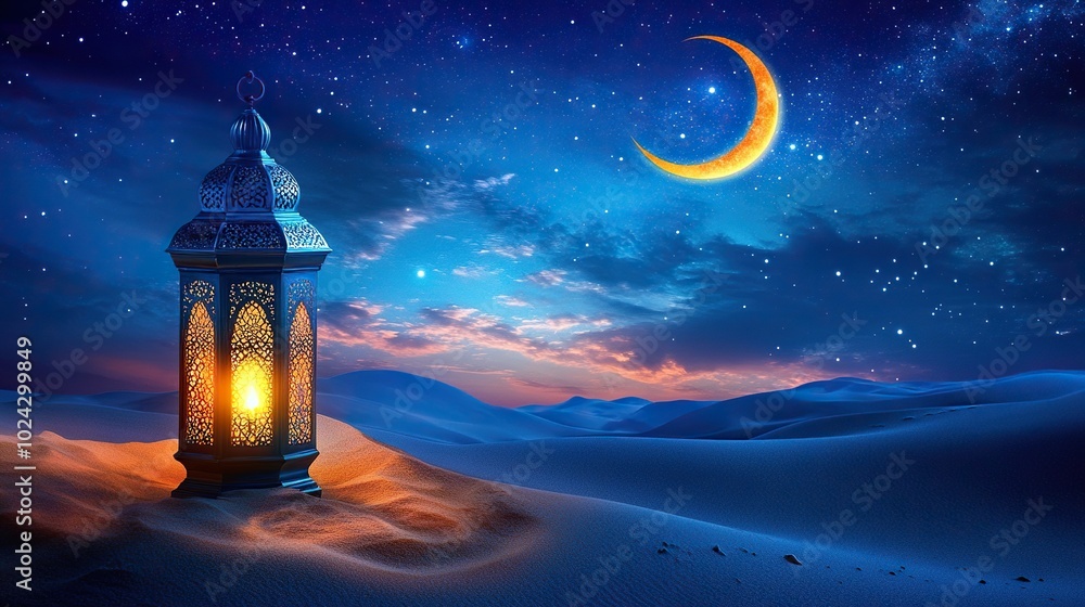 Mosques Dome on dark blue twilight sky and Crescent on background, symbol islamic religion Ramadan and free space for text Mosques Dome on dark blue twilight sky and Crescent on background, symbol islamic religion Ramadan and free space for text