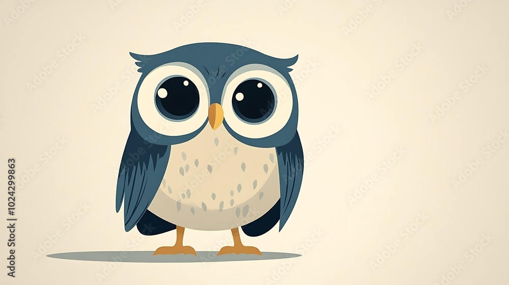 Simple owl design with a round head and body, lines for wings, and circles for eyes, set against a neutral tone background. Clean composition, focus on simplicity and form, flat colors, no shading, Simple owl design with a round head and body, lines for wings, and circles for eyes, set against a neutral tone background. Clean composition, focus on simplicity and form, flat colors, no shading,