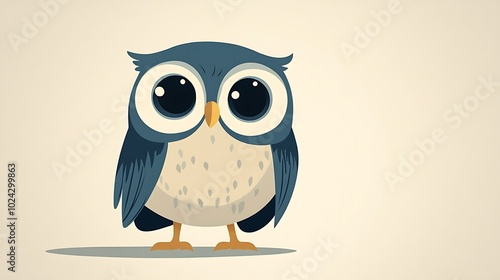 Simple owl design with a round head and body, lines for wings, and circles for eyes, set against a neutral tone background. Clean composition, focus on simplicity and form, flat colors, no shading,