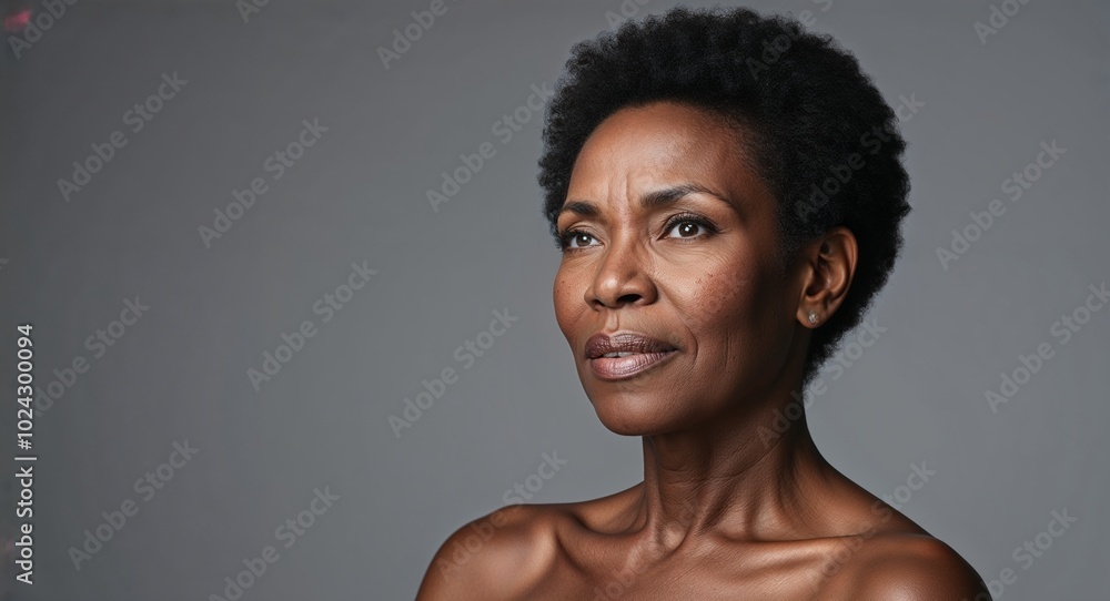 Middle aged Black woman with strong jawline and short natural hair focused light gray background Middle aged Black woman with strong jawline and short natural hair focused light gray background