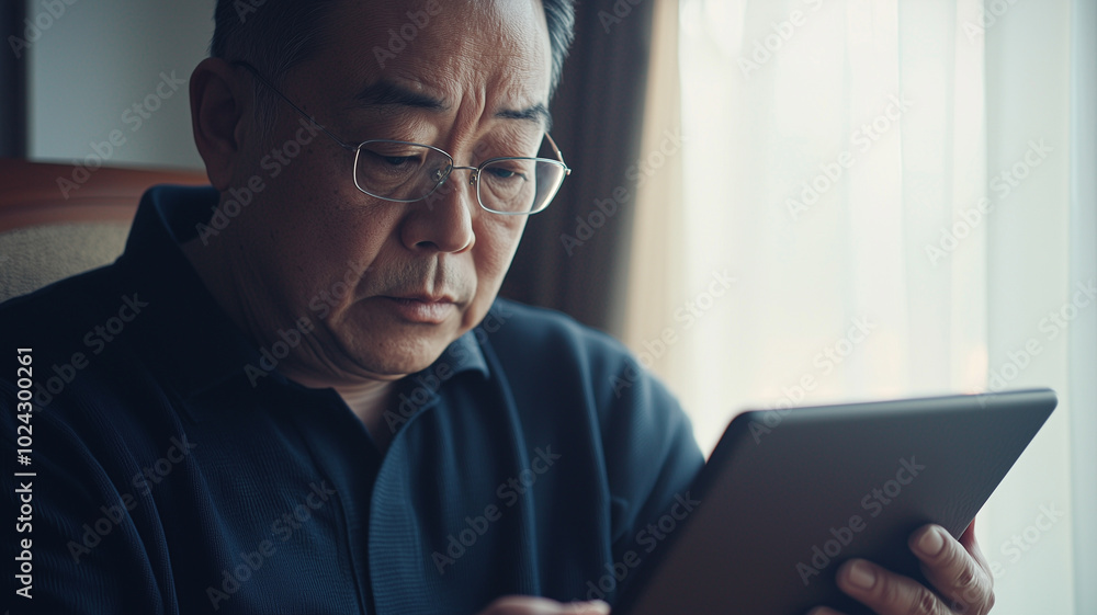 Reflective Chinese Man Exploring Testosterone Replacement Therapy on His Tablet. Reflective Chinese Man Exploring Testosterone Replacement Therapy on His Tablet.