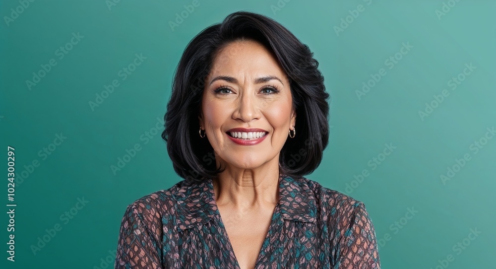 Obraz premium Middle aged Latino woman with soft features and thick black hair smiling teal gradient background