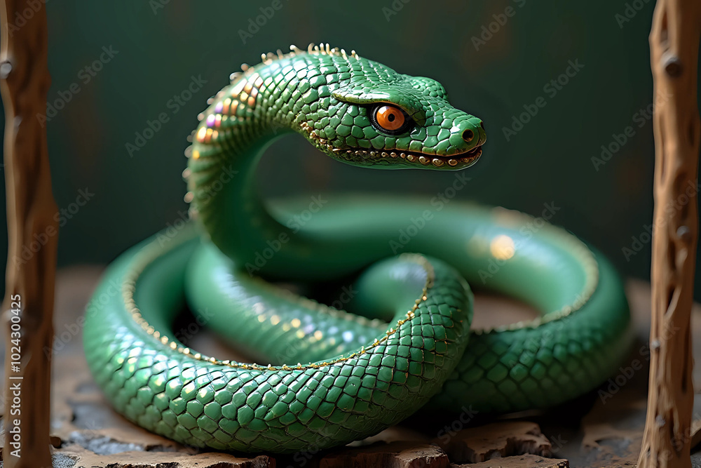 Fototapeta premium Chinese Calendar 2025, close-up of green wooden snake. carved from wood and painted, intricate details. symbol of 2025, emphasizing wisdom, flexibility, intelligence and hard work - generative ai