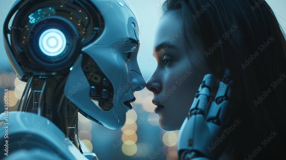 Fototapeta premium Robotics and artificial intelligence connecting and interacting with humans, chatbot software networks, big data transfer protocol systems, smart brain integration