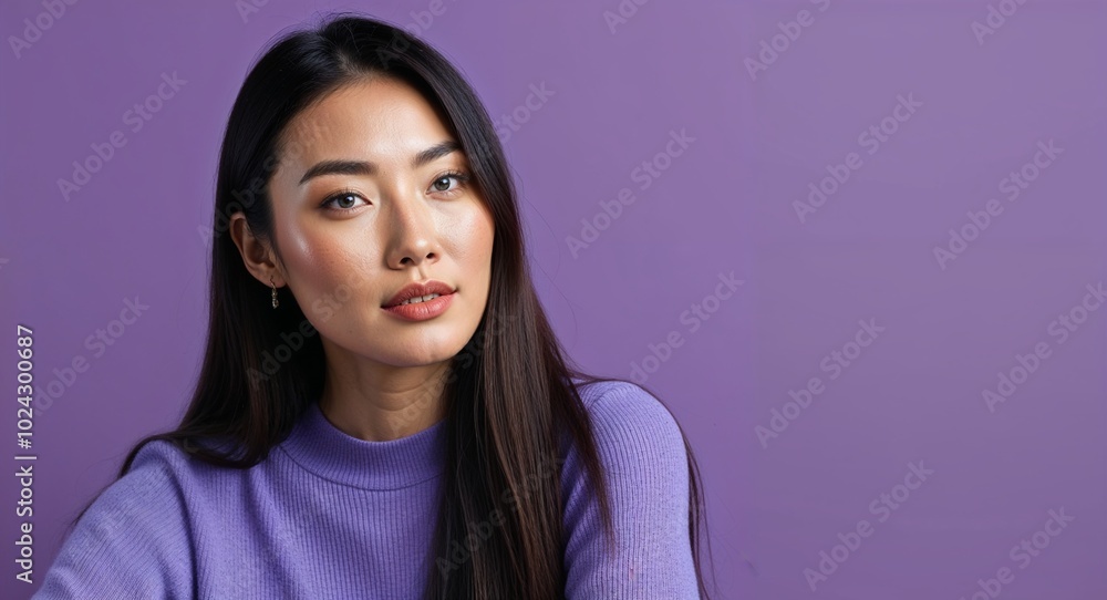 Young Asian woman with defined cheekbones and layered black hair focused teal gradient background Young Asian woman with defined cheekbones and layered black hair focused teal gradient background