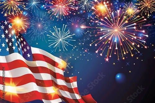 Stunning fireworks burst in the night sky with the American flag waving, symbolizing celebration and patriotism.