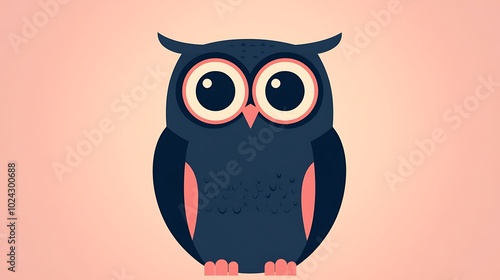 Simplified owl design made from basic circular and oval shapes, with large eyes and a rounded body, set against a soft pastel background. Clean and balanced composition, no shading or textures, photo