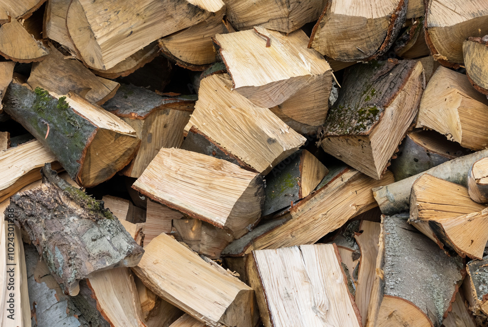 A close-up of stacked chopped firewood logs with visible bark and wood grain, ready for burning or outdoor storage. A close-up of stacked chopped firewood logs with visible bark and wood grain, ready for burning or outdoor storage.