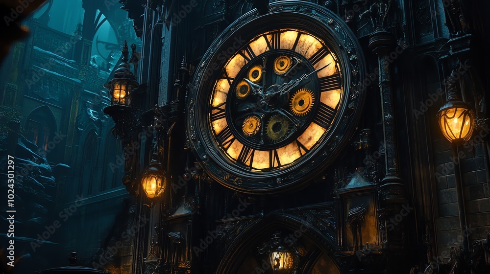 Obraz premium Close-up of a large, ornate clock face on a gothic building.