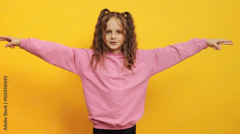 Preteen girl with wavy hair and makeup smiling while dancing to music in trendy outfit enjoying party vibes expressing her joyful personality isolated over yellow background Preteen girl with wavy hair and makeup smiling while dancing to music in trendy outfit enjoying party vibes expressing her joyful personality isolated over yellow background