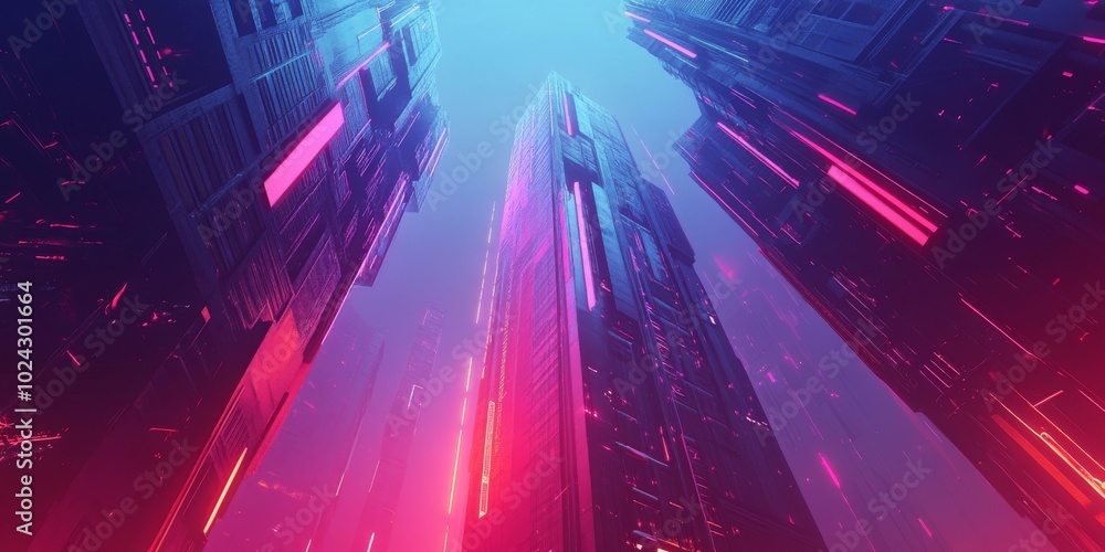 Obraz premium Futuristic Cityscape with Neon Lights and Skyscrapers in a Cyberpunk Style at Night