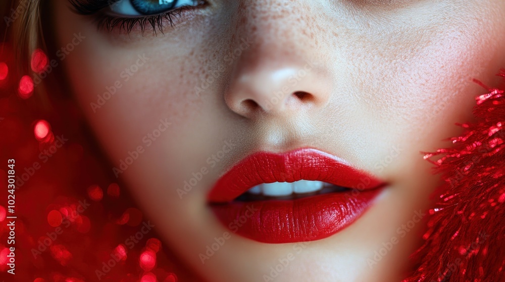 Close-up portrait of a woman with red lipstick and freckles. Close-up portrait of a woman with red lipstick and freckles.