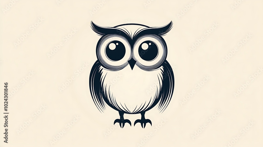 Fototapeta premium Simplified owl illustration made entirely from concentric circles, with large eyes and a small beak, set against a soft beige background. Smooth linework, no textures or shading, hd quality,