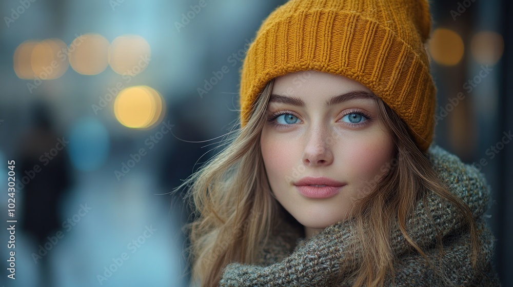 A young woman with blue eyes and blonde hair wearing a yellow beanie and a scarf looks directly at the camera. The background is blurred with out-of-focus lights and people. A young woman with blue eyes and blonde hair wearing a yellow beanie and a scarf looks directly at the camera. The background is blurred with out-of-focus lights and people.