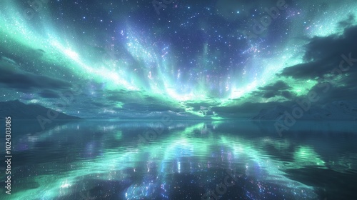 Enchanting Aurora Borealis Reflections on Tranquil Lake - 3D Render Illustration with Cinematic Lightning Effect