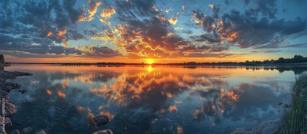 A stunning sunset over a lake with a reflection of the clouds in the water. A stunning sunset over a lake with a reflection of the clouds in the water.