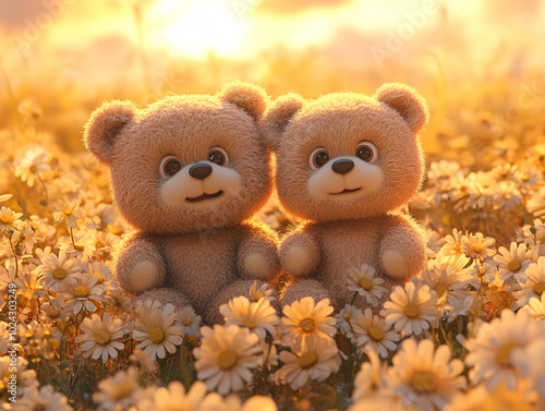 a cheerful scene of two teddy bears, one brown and one yellow, sitting on a bed of flowers under a blue sky.