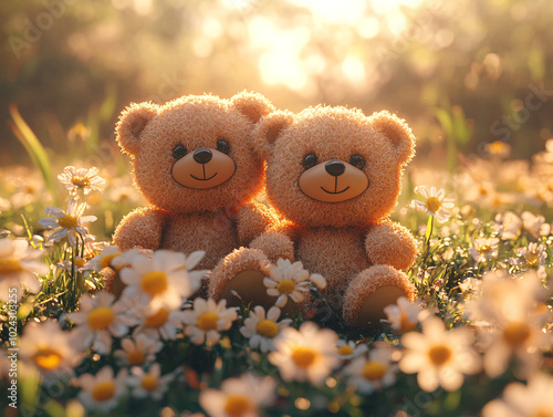 a cheerful scene of two teddy bears, one brown and one yellow, sitting on a bed of flowers under a blue sky.