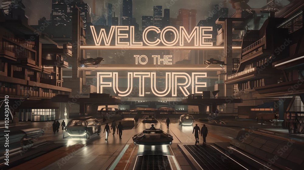 Fototapeta premium Futuristic city street with glowing 'Welcome to the Future