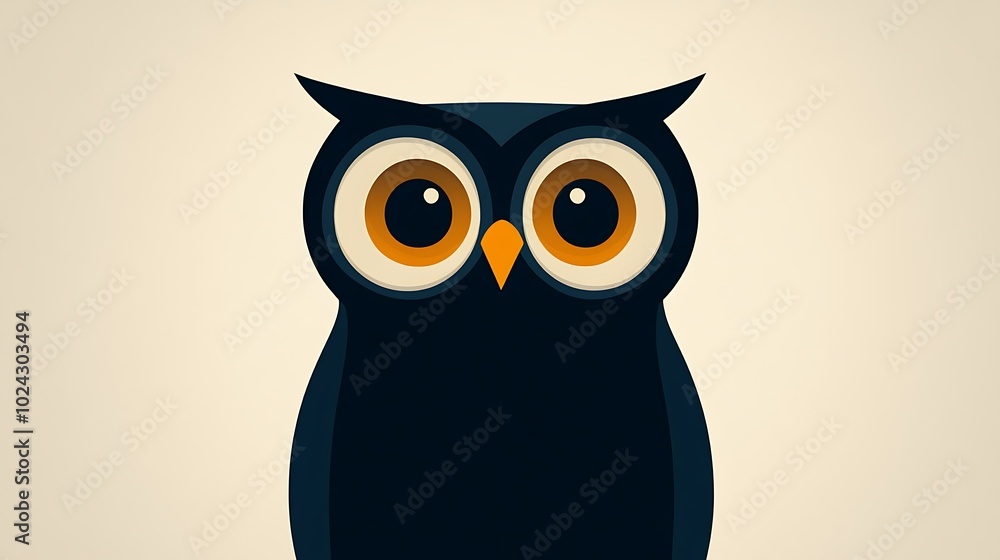 Naklejka premium Simplified owl silhouette filled with a single solid color, featuring large circular eyes and a smooth curved body, set against a light grey background. Smooth and balanced composition, no shading,