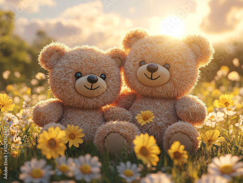 a cheerful scene of two teddy bears, one brown and one yellow, sitting on a bed of flowers under a blue sky.