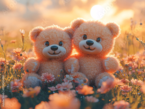 a cheerful scene of two teddy bears, one brown and one yellow, sitting on a bed of flowers under a blue sky.