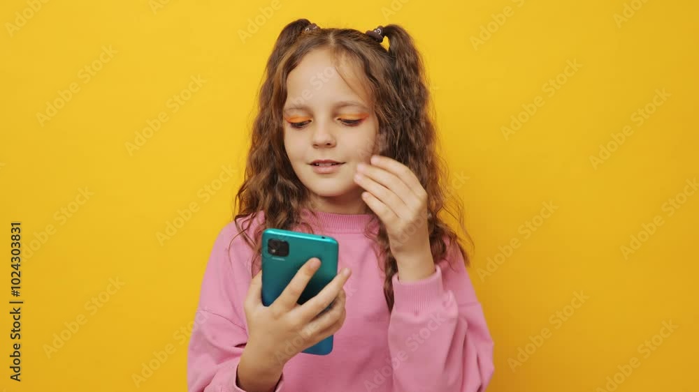 Little girl smiling while taking video call using mobile phone enjoying fun conversation with people online using network services to stay connected during her childhood isolated on yellow background Little girl smiling while taking video call using mobile phone enjoying fun conversation with people online using network services to stay connected during her childhood isolated on yellow background