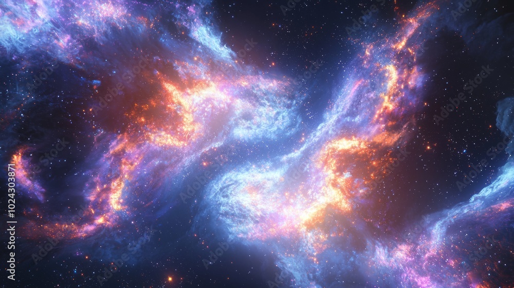 Obraz premium Celestial Collision: 3D Render of Galactic Merging with Stunning Colors and Stars Flying into Space