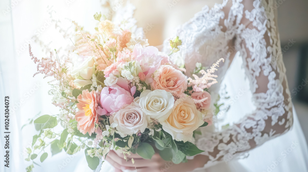A bride in a lace gown gently holding a pastel-colored bouquet of fresh roses, peonies A bride in a lace gown gently holding a pastel-colored bouquet of fresh roses, peonies