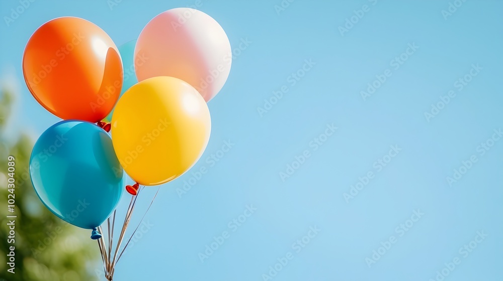 Vibrant and whimsical balloons drifting peacefully in a clear blue sky creating a captivating and serene aerial scene with a sense of freedom and joy Vibrant and whimsical balloons drifting peacefully in a clear blue sky creating a captivating and serene aerial scene with a sense of freedom and joy