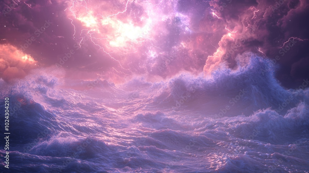 Fototapeta premium Alien Ocean Odyssey: A Celestial Cosmos 3D Render of Dramatic Waves Lit by Supernova; Ultra-Detailed, Cinematic Lightning