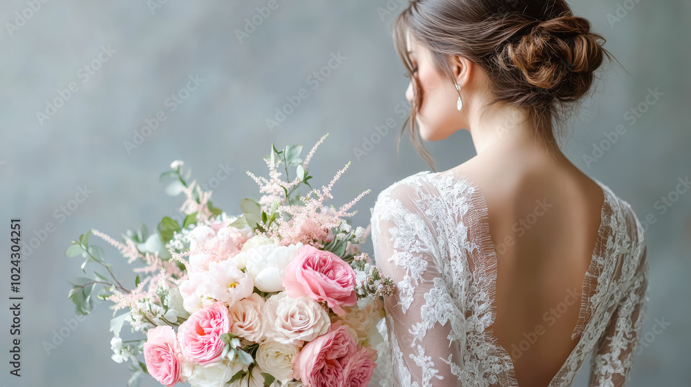 Naklejka premium A bride with her back turned, elegantly holding a bouquet of pink and white flowers