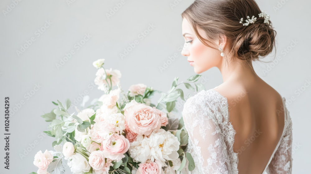 Naklejka premium A bride with her back turned, elegantly holding a bouquet of pink and white flowers