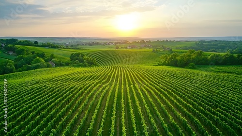 Aerial view of a lush verdant vineyard sprawling across a rolling countryside hillside thriving under the warm glow of the summer sun in a picturesque serene natural landscape