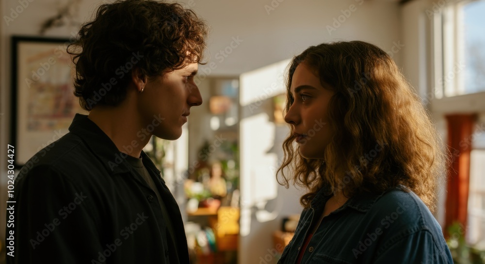Young adults facing each other in warmly lit room Young adults facing each other in warmly lit room