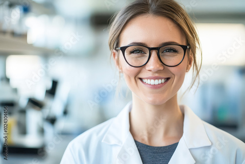 A bright and professional image of a woman wearing glasses, smiling confidently
