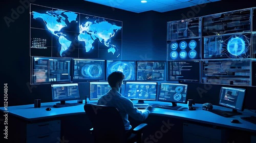 A man sits in front of a large monitor with glowing blue data visualizations, focusing on the screen with a serious expression, working on a computer.