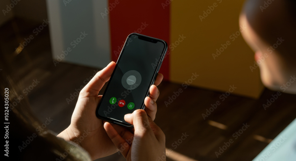 Person holding smartphone, receiving incoming call, in well-lit room Person holding smartphone, receiving incoming call, in well-lit room