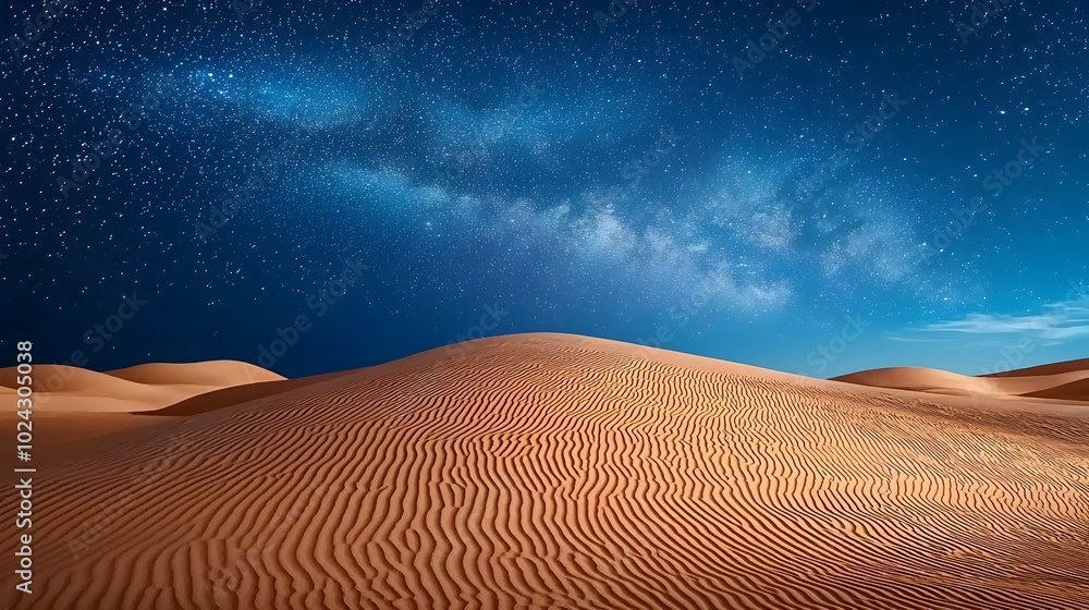 Naklejka premium Captivating night sky filled with twinkling stars and the Milky Way galaxy over a peaceful tranquil desert landscape Atmospheric and dramatic scenery evoking a sense of wonder and adventure
