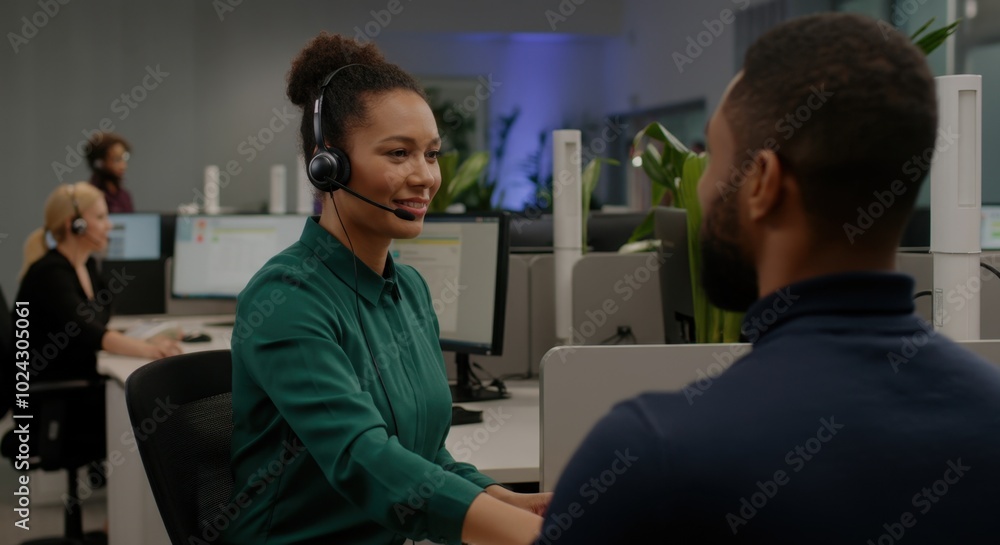 Customer service representatives with headsets talking in modern office Customer service representatives with headsets talking in modern office