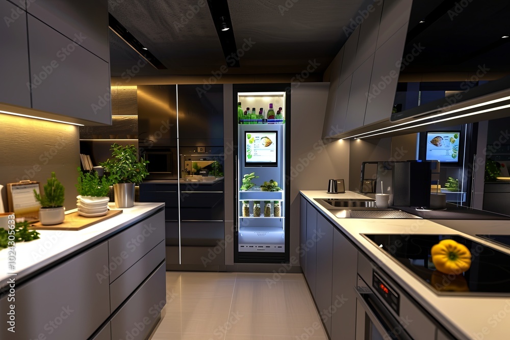 This advanced kitchen showcases a smart refrigerator with a touch screen and a voice-controlled smart oven, designed for convenience. Generative AI This advanced kitchen showcases a smart refrigerator with a touch screen and a voice-controlled smart oven, designed for convenience. Generative AI