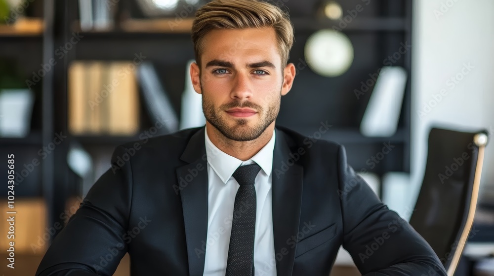 Successful businessman working at desk in modern office setting confident Successful businessman working at desk in modern office setting confident