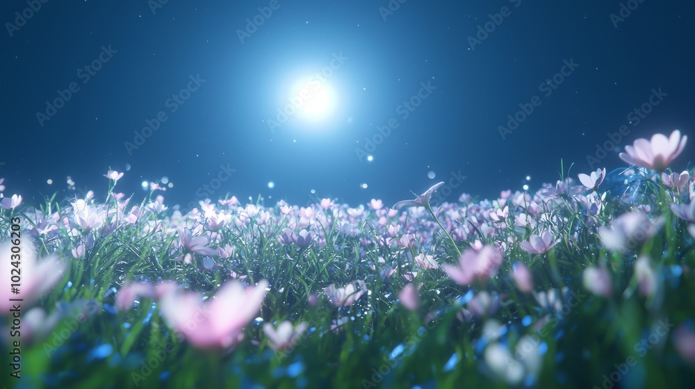 Enchanted Moonlit Meadow: Celestial 3D Render with Glowing Flowers and Supernova Night Sky Illumination Enchanted Moonlit Meadow: Celestial 3D Render with Glowing Flowers and Supernova Night Sky Illumination