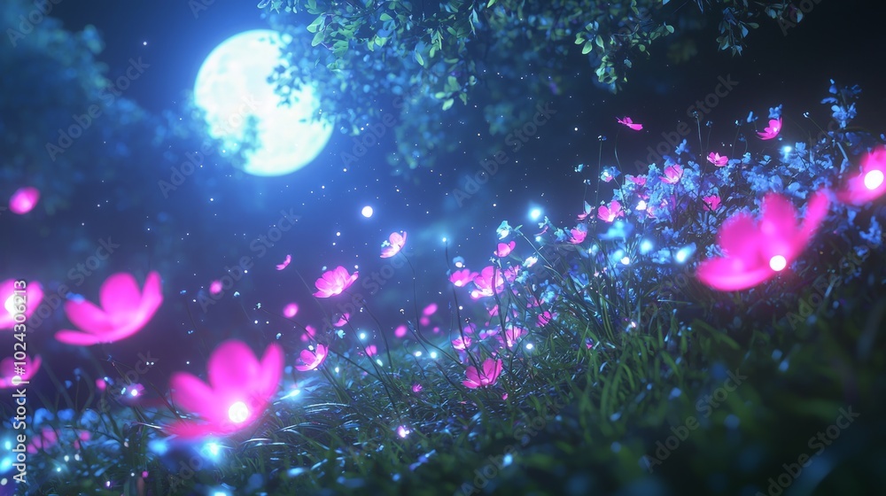 Ethereal Glow: Celestial Cosmos 3D Render of a Serene Moonlit Meadow with Supernova-Influenced Glowing Flowers