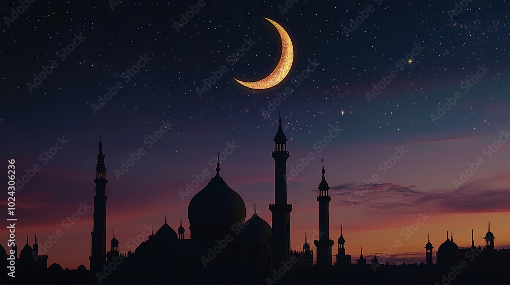 Ramadan Kareem background.Crescent moon at a top of a mosque Ramadan Kareem background.Crescent moon at a top of a mosque