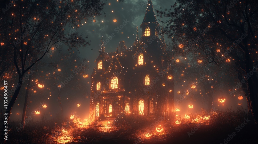 A Glowing, Haunted Manor Surrounded by Jack-o-Lanterns in a Foggy Forest A Glowing, Haunted Manor Surrounded by Jack-o-Lanterns in a Foggy Forest