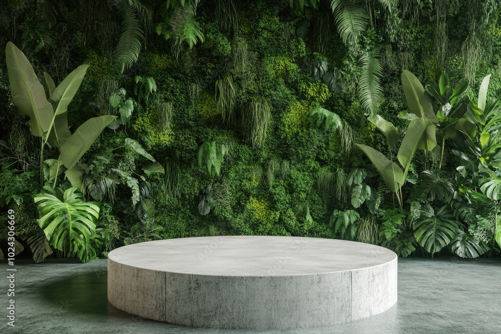 Tropical Product Showcase: Brick Pedestal in Green Summer Forest Tropical Product Showcase: Brick Pedestal in Green Summer Forest