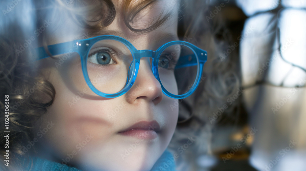 Young child wearing blue glasses focusing on distant tree outside window, symbolizing myopia prevention and importance of outdoor activities. Young child wearing blue glasses focusing on distant tree outside window, symbolizing myopia prevention and importance of outdoor activities.