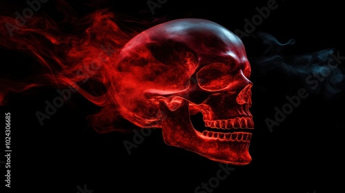 A glowing red skull surrounded by wisps of smoke against a black background.