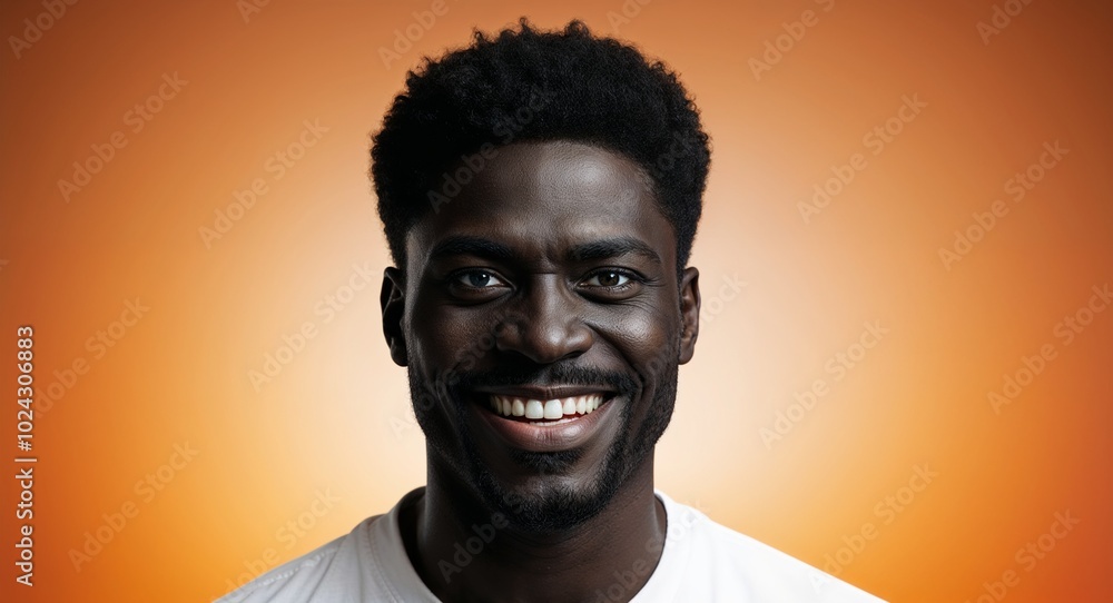 Obraz premium Black man with deep set eyes smirking orange gradient background